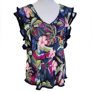 Chico's Tropical Floral Navy Pink Green V-Neck Ruffle Sleeve Blouse